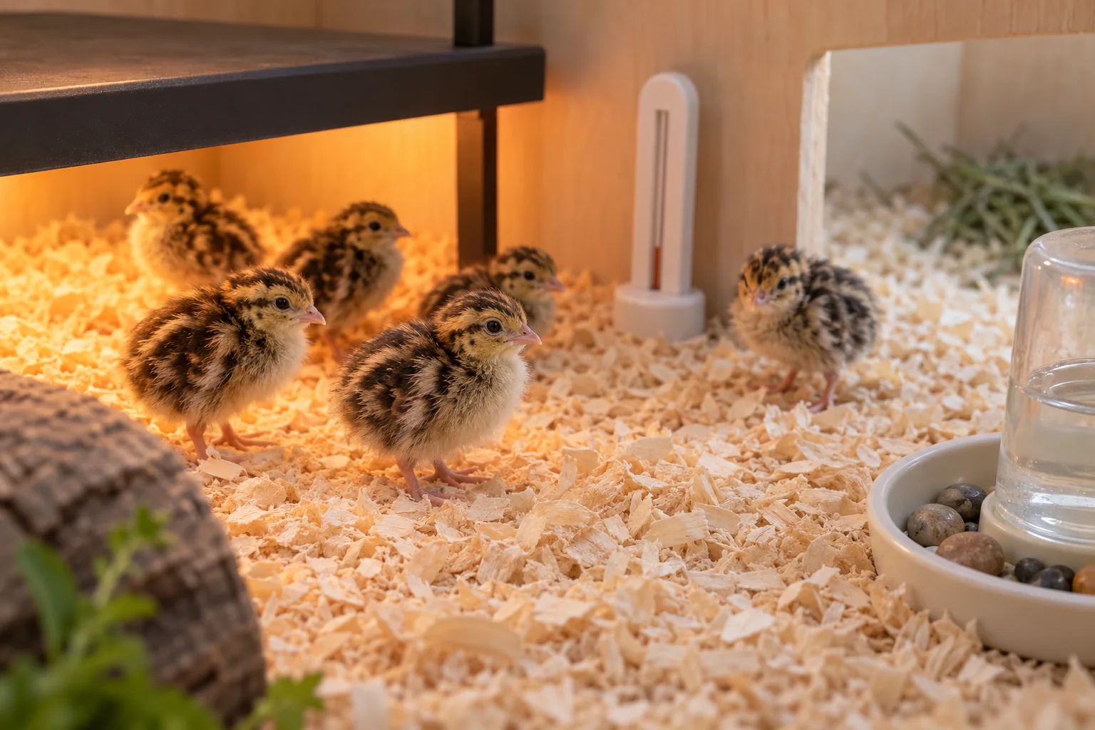 Striped quail chicks standing on pine shavings in a warm brooder zone beneath a plain heat plate, with an unmarked thermometer at chick level and a walk-away cooler area nearby.
