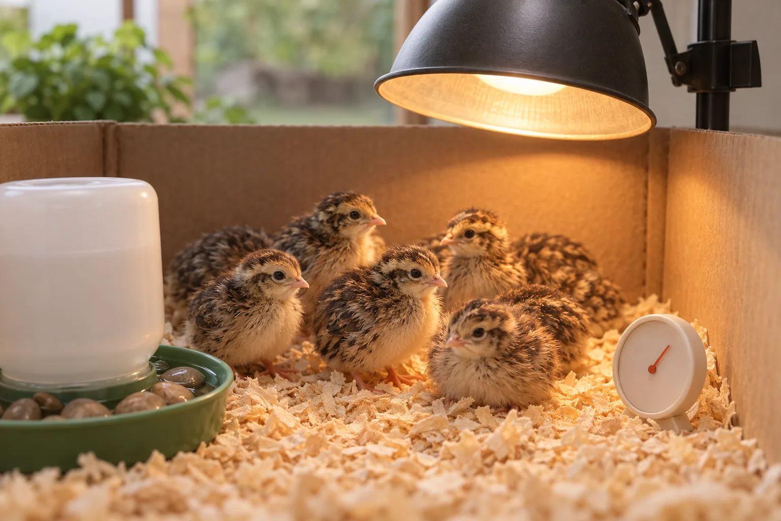 Speckled quail chicks gathered on pine shavings in a brooder beneath a generic heat lamp, with a plain chick-level thermometer and waterer nearby.
