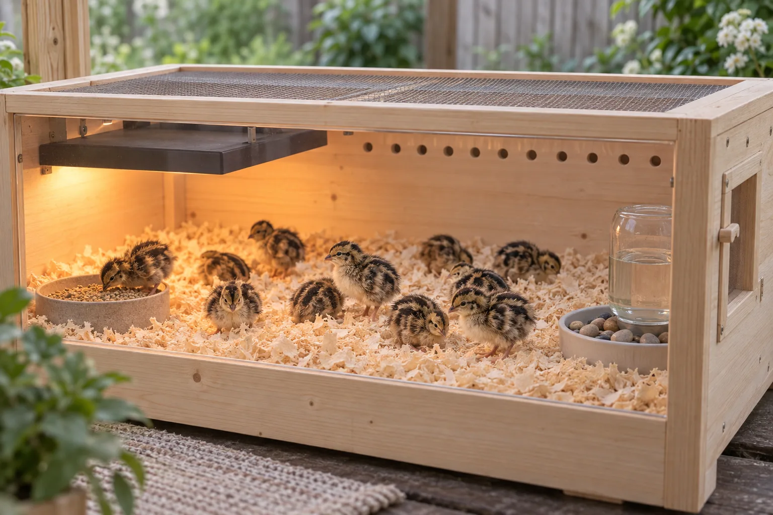 Newly hatched striped quail chicks on pine shavings inside a plain wooden brooder box under the warm glow of a heat plate