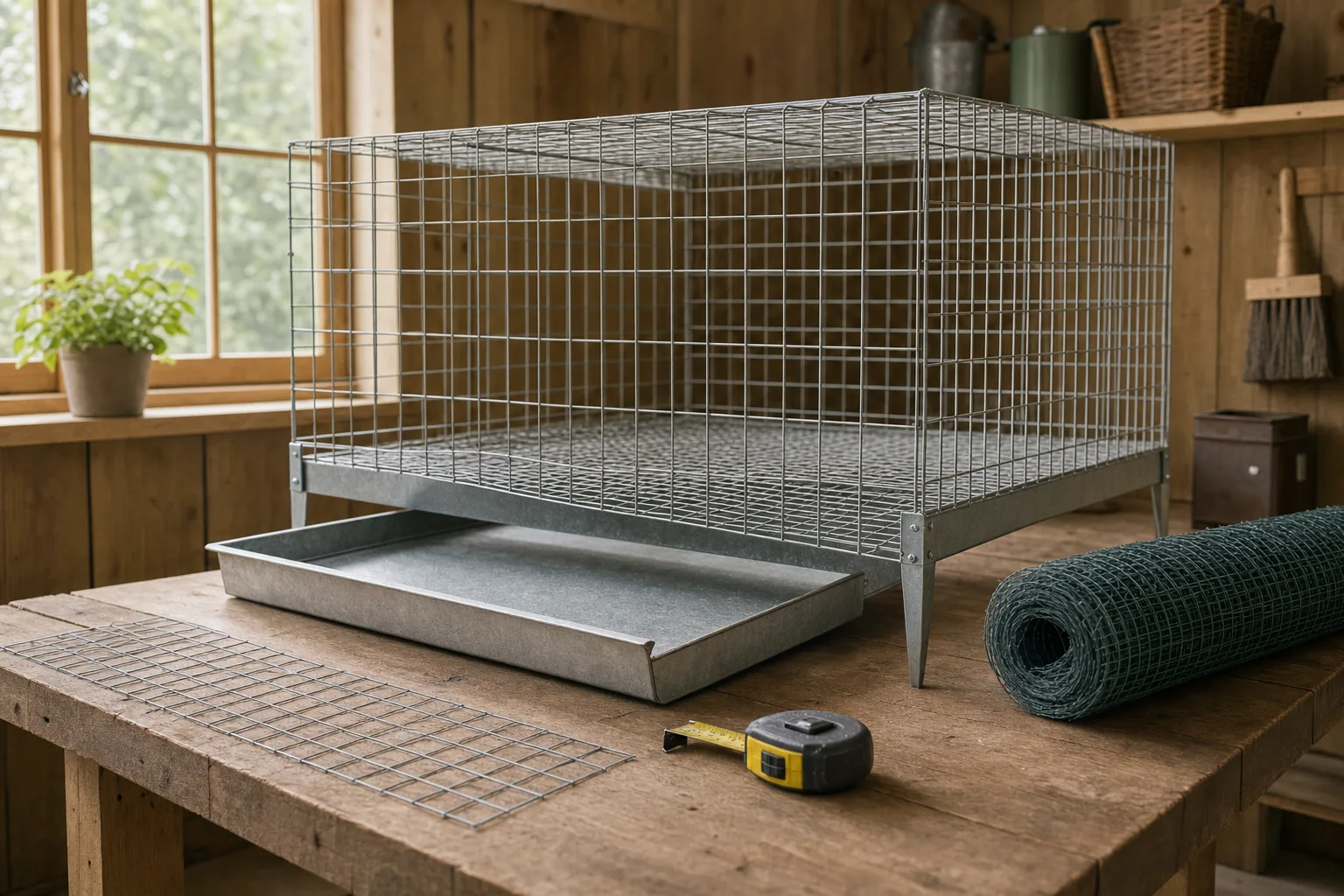 An empty galvanised wire quail cage on a wooden workbench with a strip of wire mesh, a measuring tape, and a partly pulled-out manure tray, in soft window light.