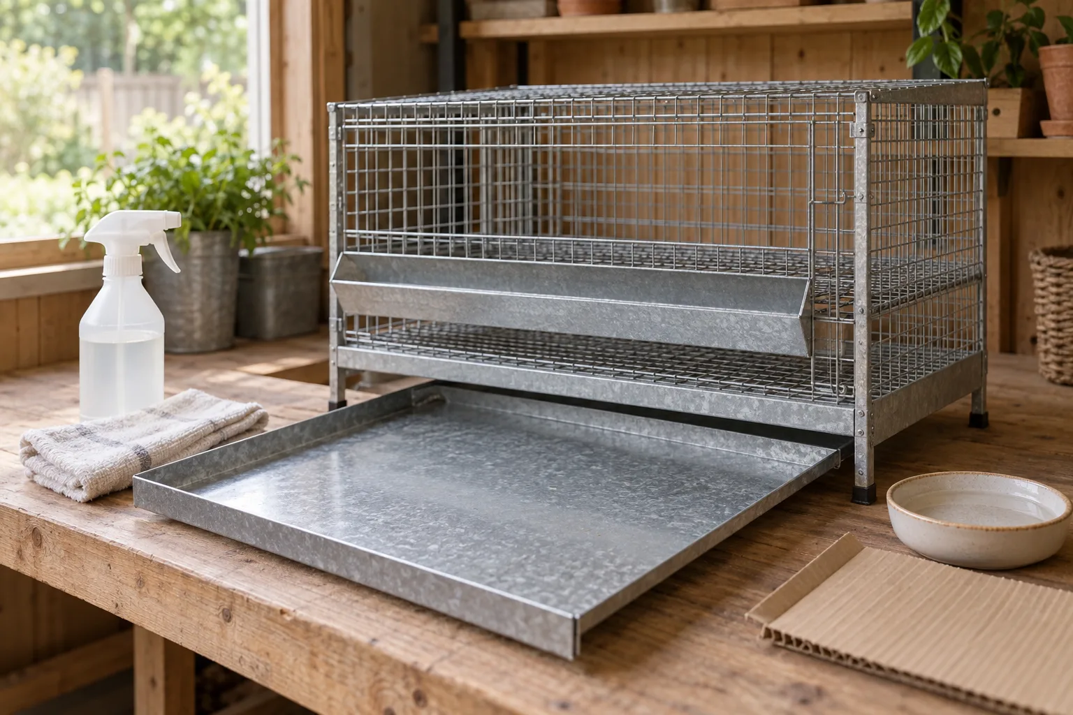 A pulled-out manure tray beside a plain unmarked spray bottle and cloth on a shed bench under a galvanised wire cage.
