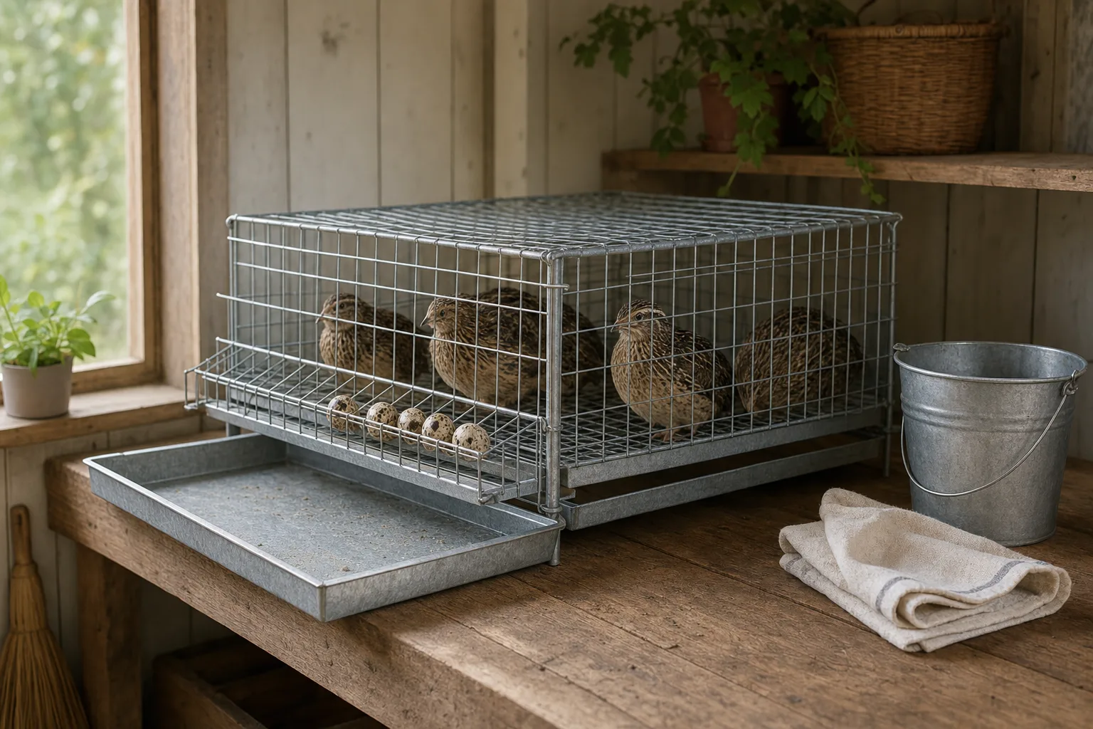A plain galvanised wire cage on a wooden workbench with a shallow removable collection tray pulled partly out, a small waste bucket and a folded cloth beside it, soft morning window light.