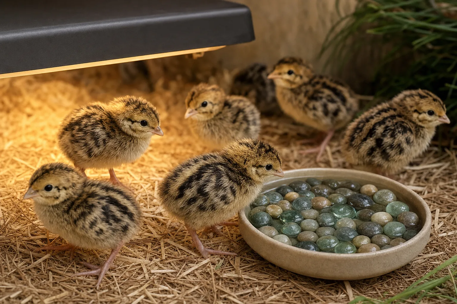 A small group of dry, brown-speckled quail chicks on fresh pine shavings next to a shallow water container with clean marbles and pebbles under a warm heat plate.