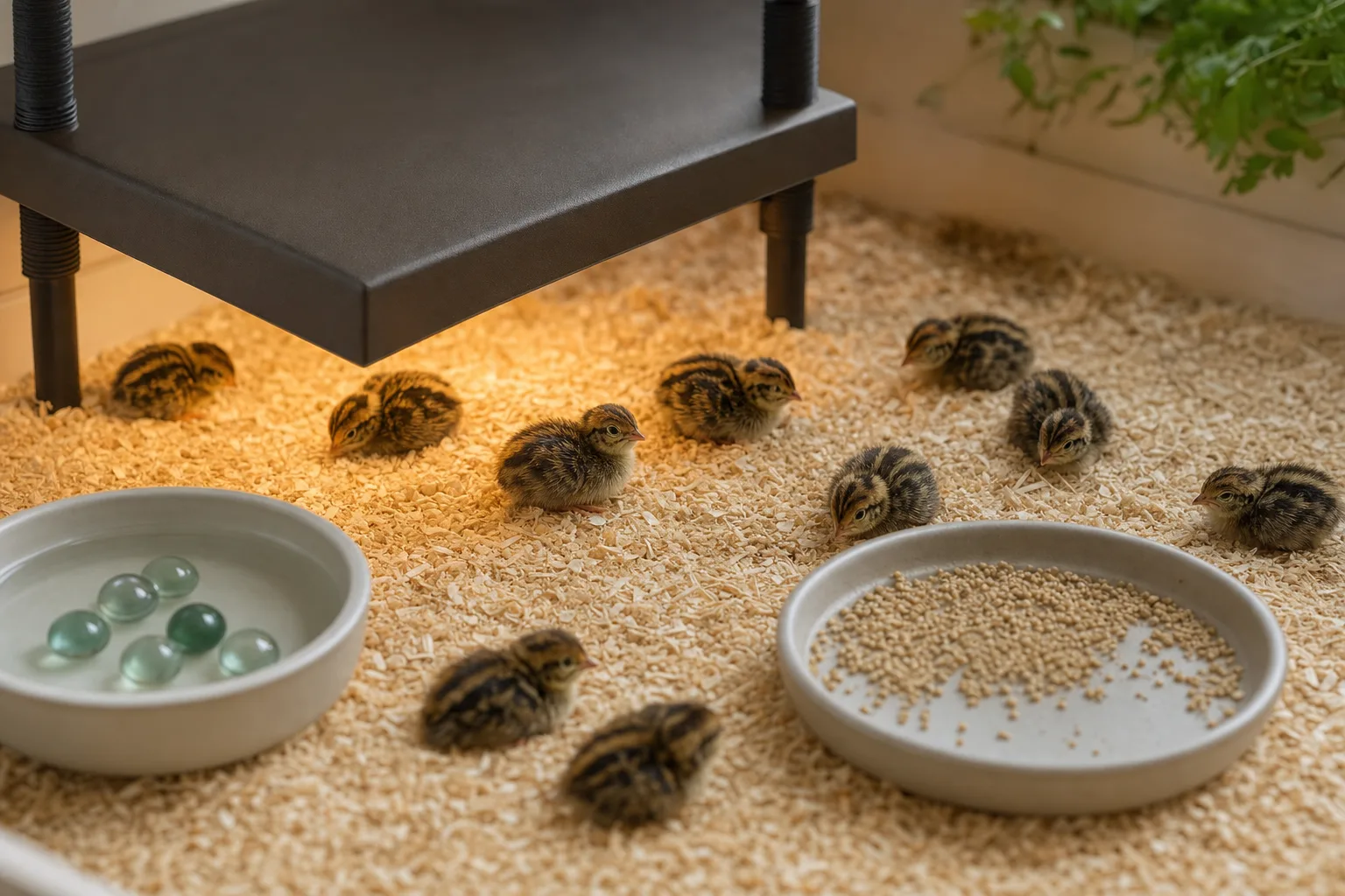 Quail chicks settling under a low heat source in a padded tub brooder with a marble-lined waterer and low feeder
