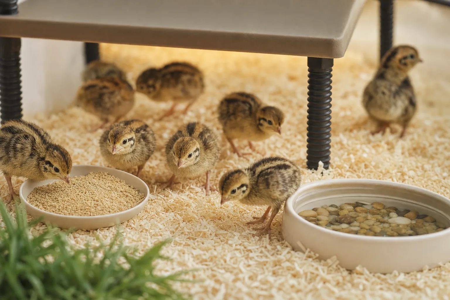 Newly hatched striped coturnix quail chicks pecking around a shallow dish of fine crumble and a pebbled waterer on pine shavings beneath a warm brooder heat plate.