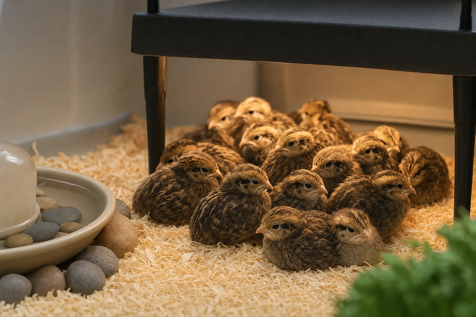 Tiny brown specked quail chicks resting together on pine shavings in a brooder beside an unbranded flat heat plate and a shallow chick waterer