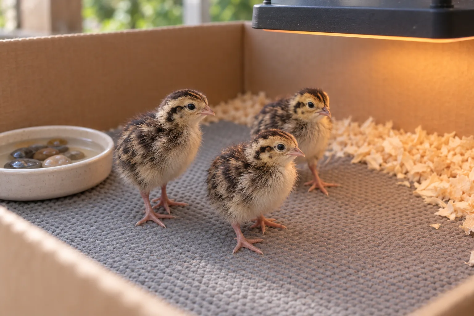 Newly hatched quail chicks standing on a textured non-slip brooder mat beneath a warm heat plate, with a shallow chick waterer nearby