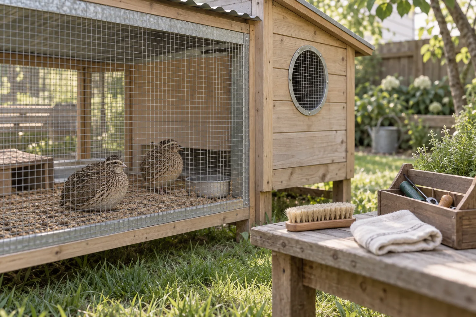 A tidy backyard quail coop with a clean screened ventilation opening, cleaning tools on a wooden bench, and two coturnix quail resting in the shaded run.