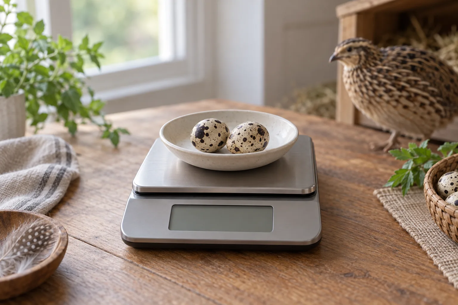 An unbranded digital kitchen scale on a wooden table with a shallow tray holding two small speckled quail eggs