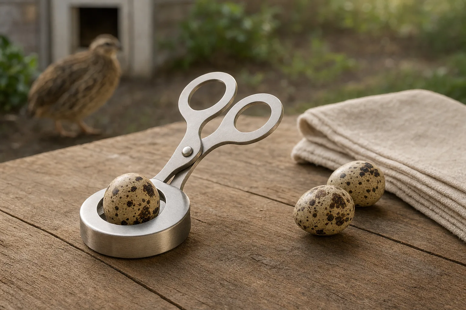 A small plain scissor-style egg cutter on a wooden table with a speckled quail egg in its opening and a few whole eggs and a dry cloth beside it.