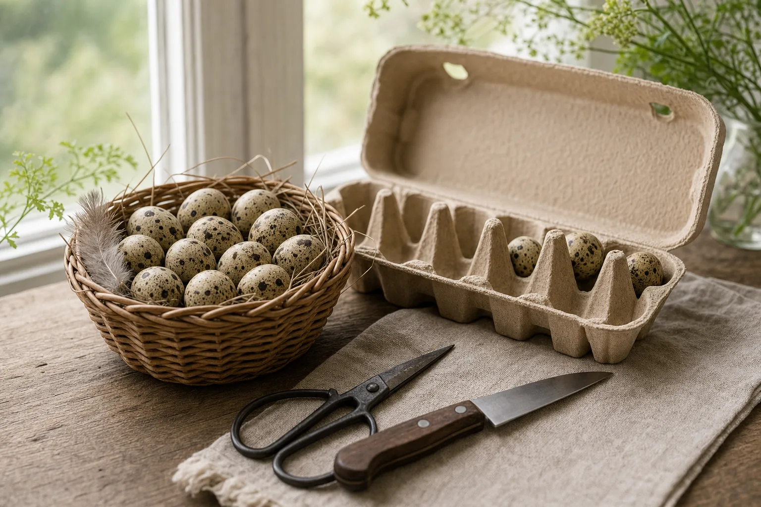 A basket and open paper carton of speckled quail eggs on a wooden table with a small pair of scissors and a plain kitchen knife laid beside them in morning light.
