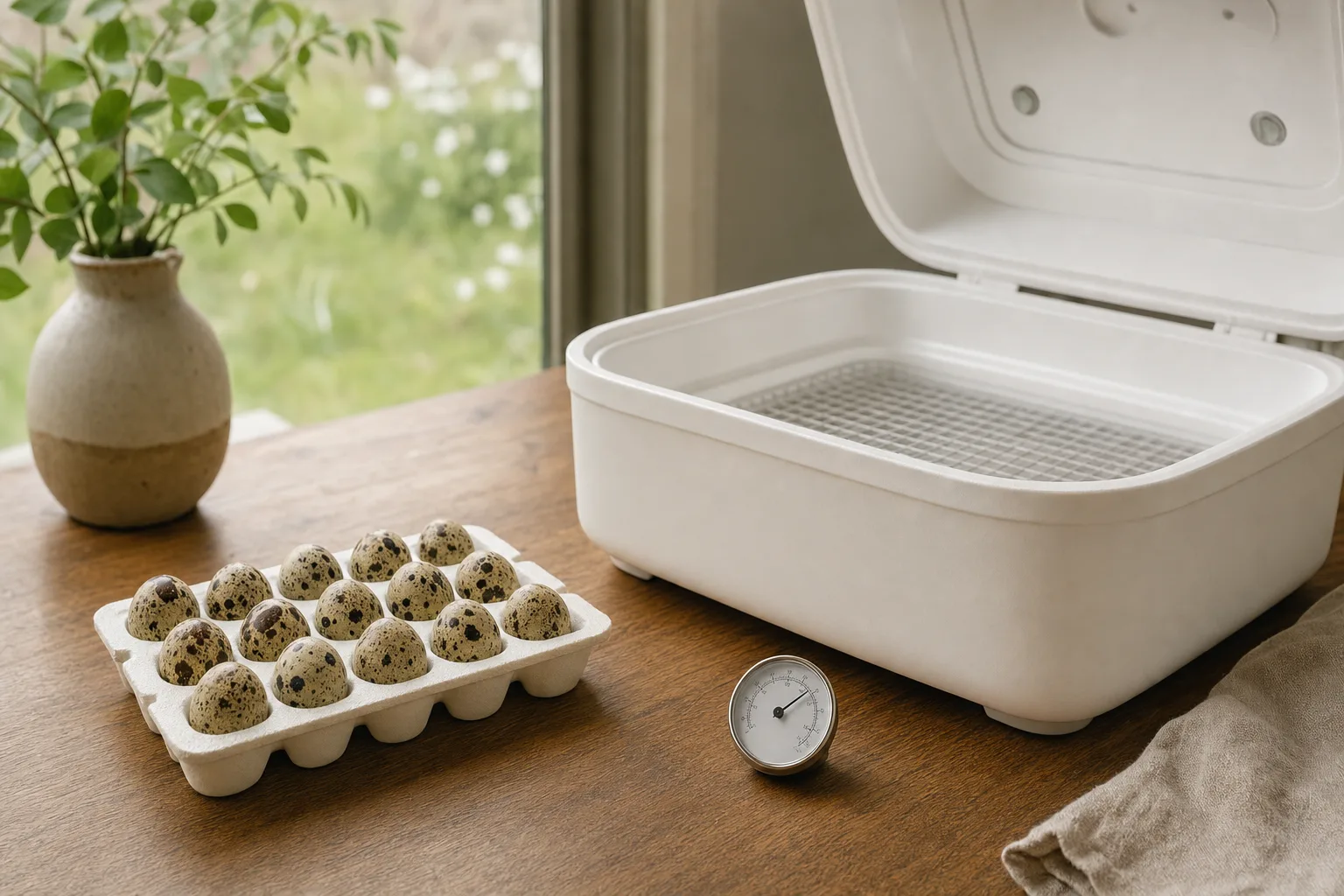 Speckled quail eggs beside a plain countertop incubator with its lid open
