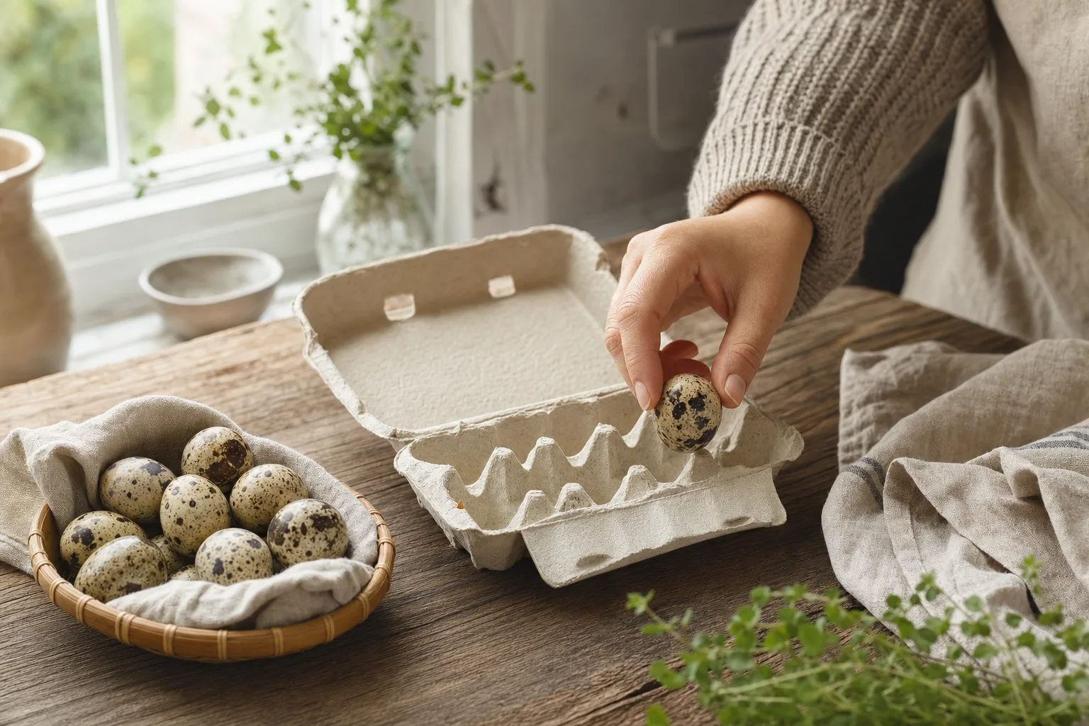 A basket of speckled quail eggs on a wooden kitchen table beside an open plain paper egg carton, one egg held up near a carton cavity to check its fit.