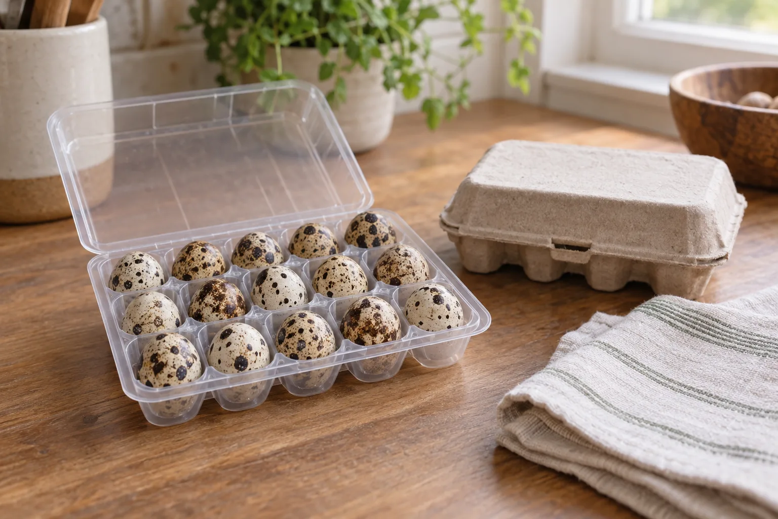 Speckled quail eggs resting in a plain open storage tray on a wooden kitchen counter in soft morning light.