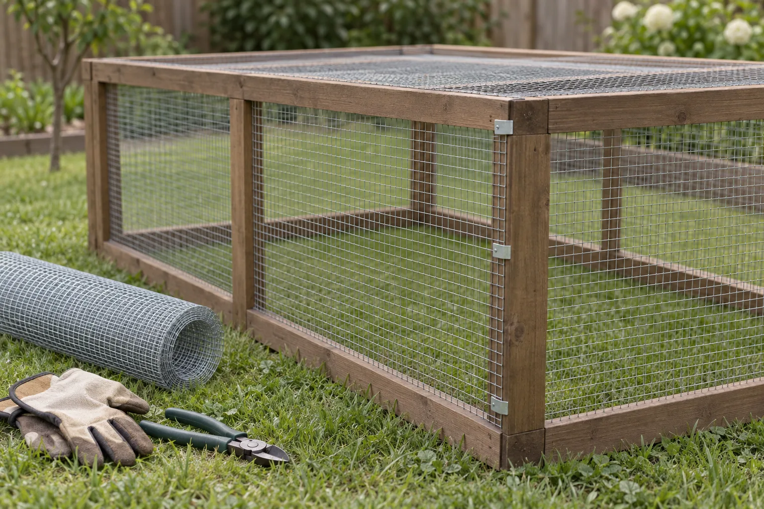 A quiet backyard ground-pen run with replacement wire mesh being secured to its wooden frame, wire cutters and gloves resting on the grass beside it.