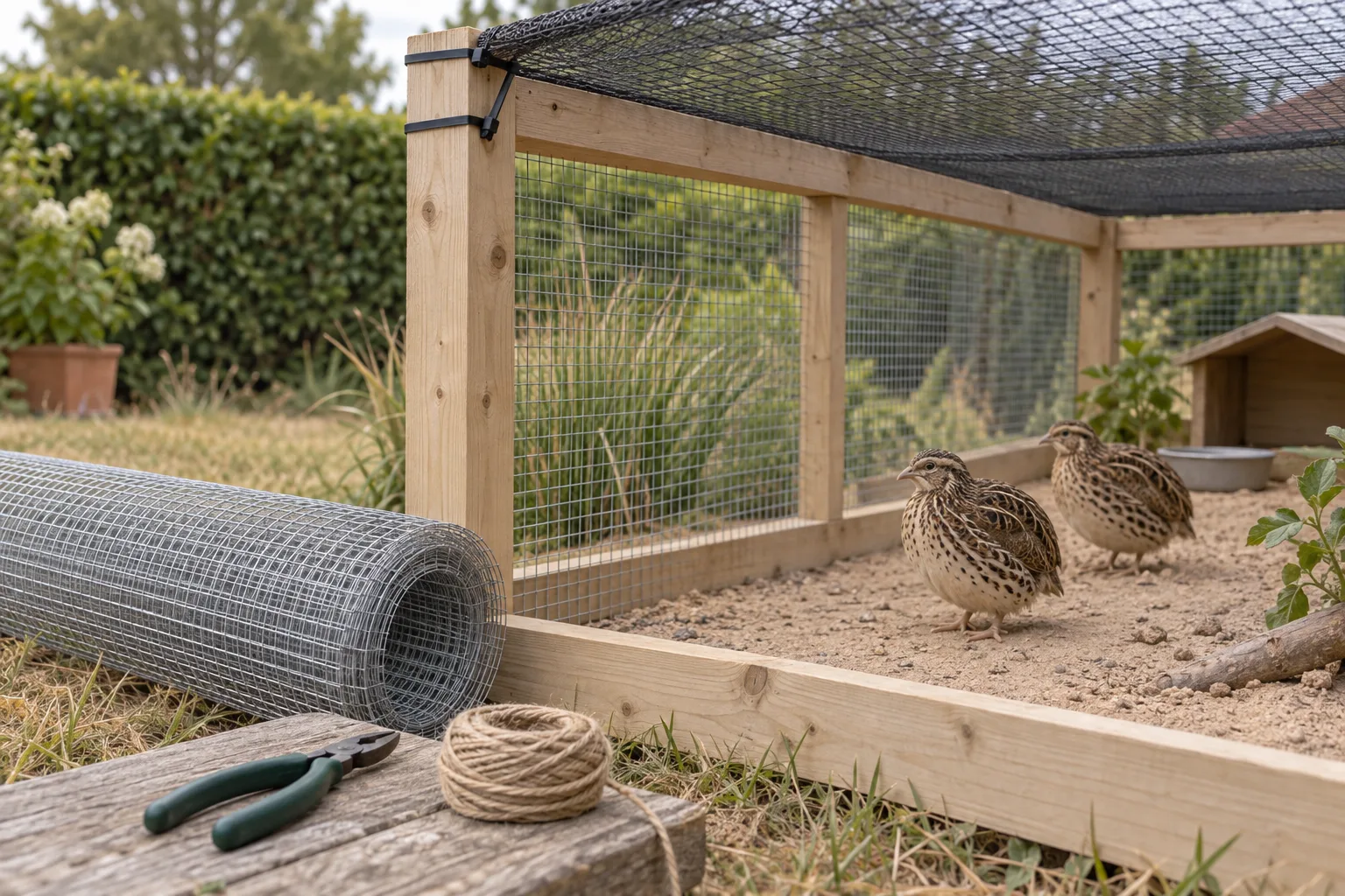 A tidy backyard quail aviary with soft overhead netting pulled taut over a plain timber frame, a roll of wire mesh and simple tools resting nearby while calm brown-speckled quail stand inside.