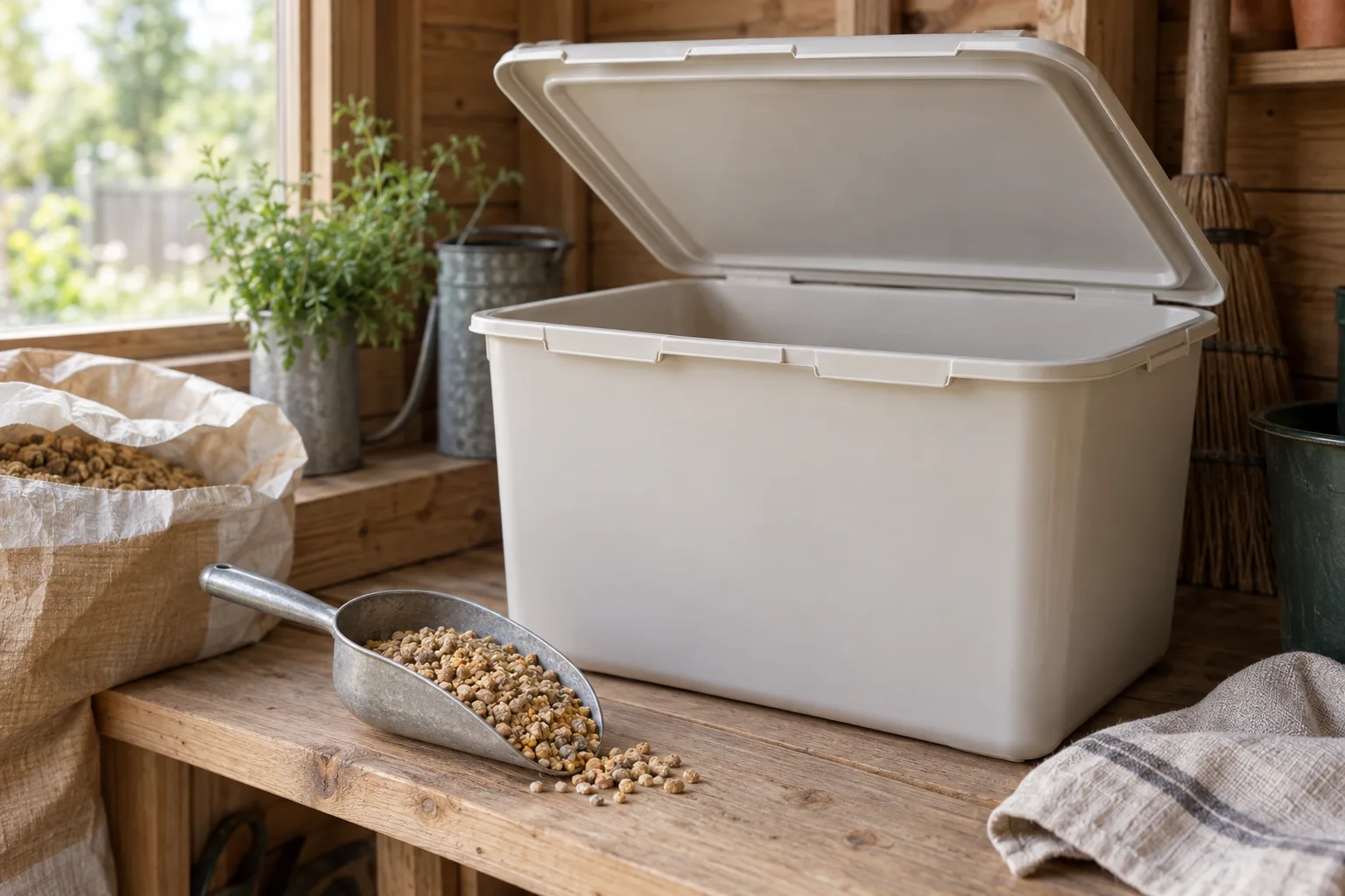 A clean, dry feed storage bin with its lid propped open and a dry scoop of crumble on a wooden shelf in a tidy shed, soft morning light