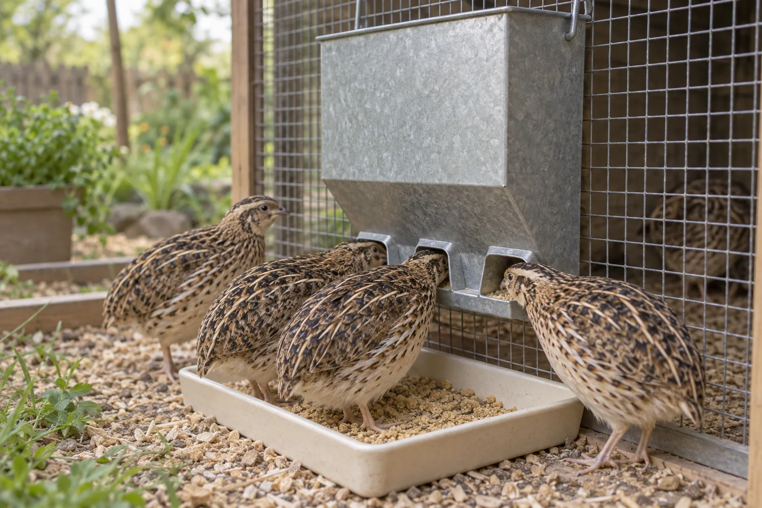 A plain unbranded feeder hung on a wire quail cage with a shallow tray below the ports catching stray crumble, and a few adult coturnix quail pecking calmly.