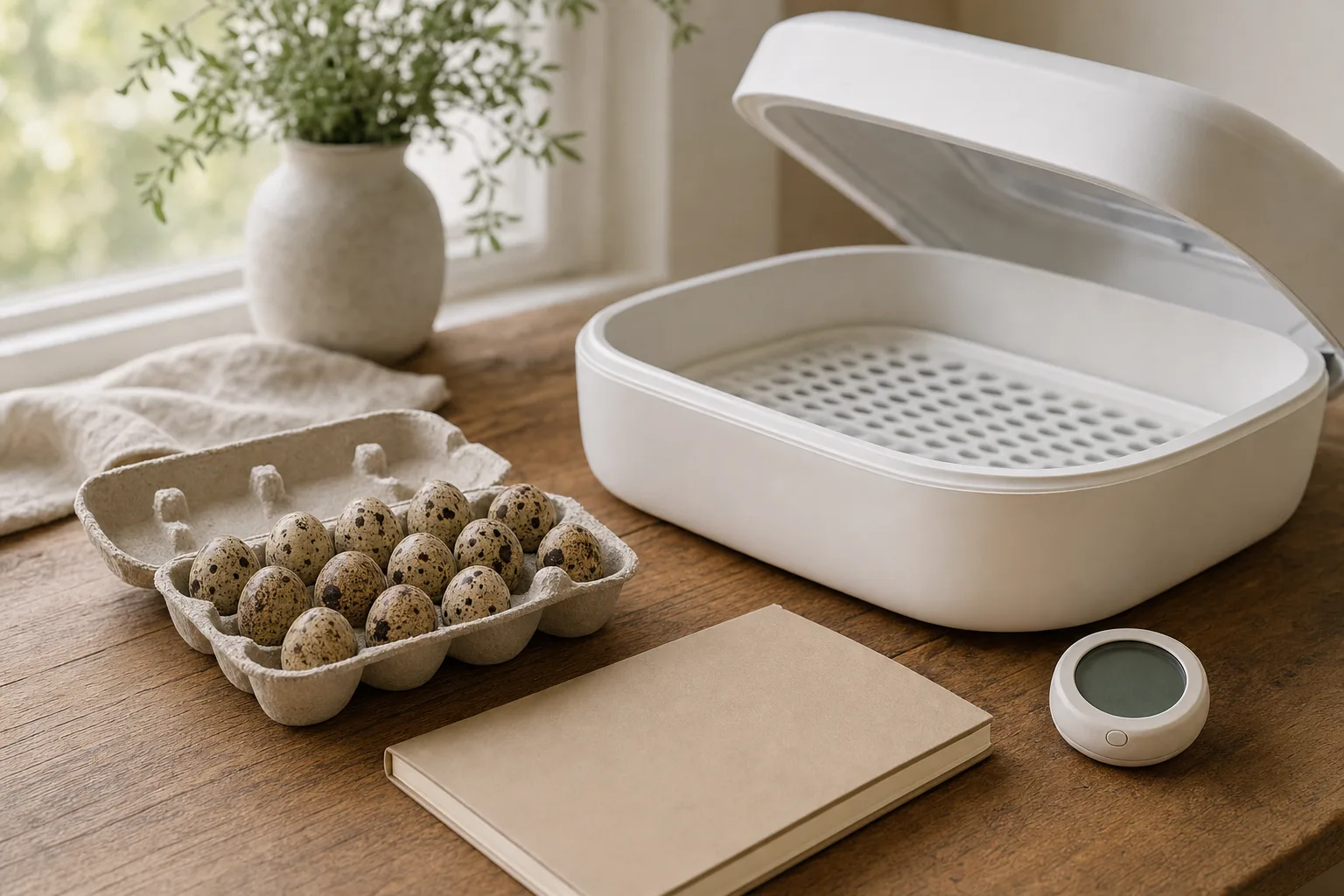 Speckled quail eggs in a foam tray on a kitchen table beside a plain white incubator with its lid open and a small hygrometer nearby.