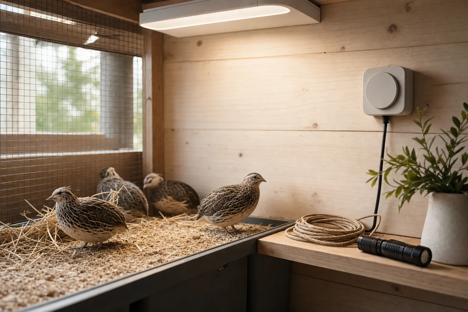 A small quail enclosure with a timer-controlled light in a dry shed