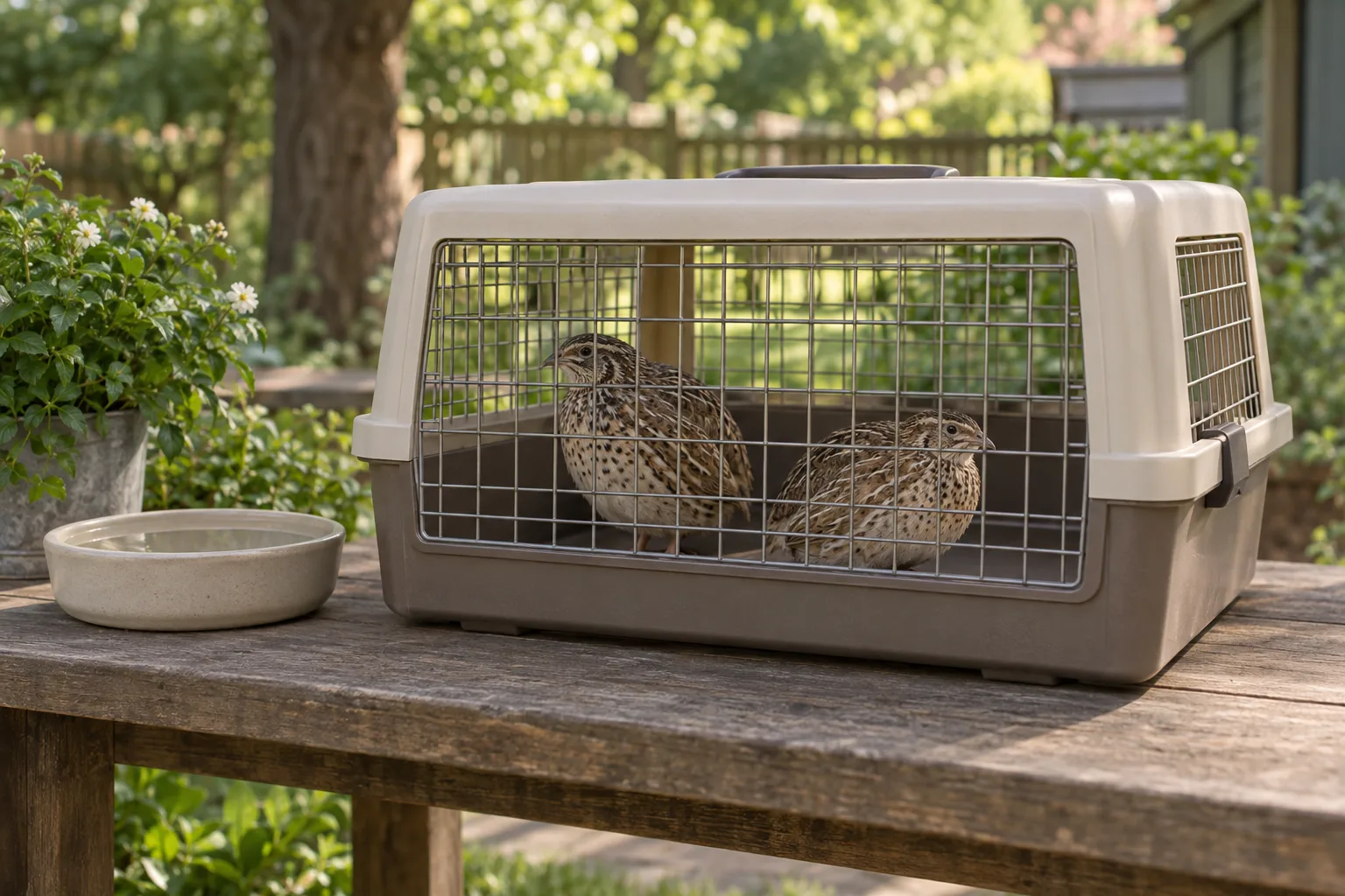 A generic unbranded ventilated transport crate resting in shade with clear air gaps and a shallow water bowl beside it, calm coturnix quail settling inside.