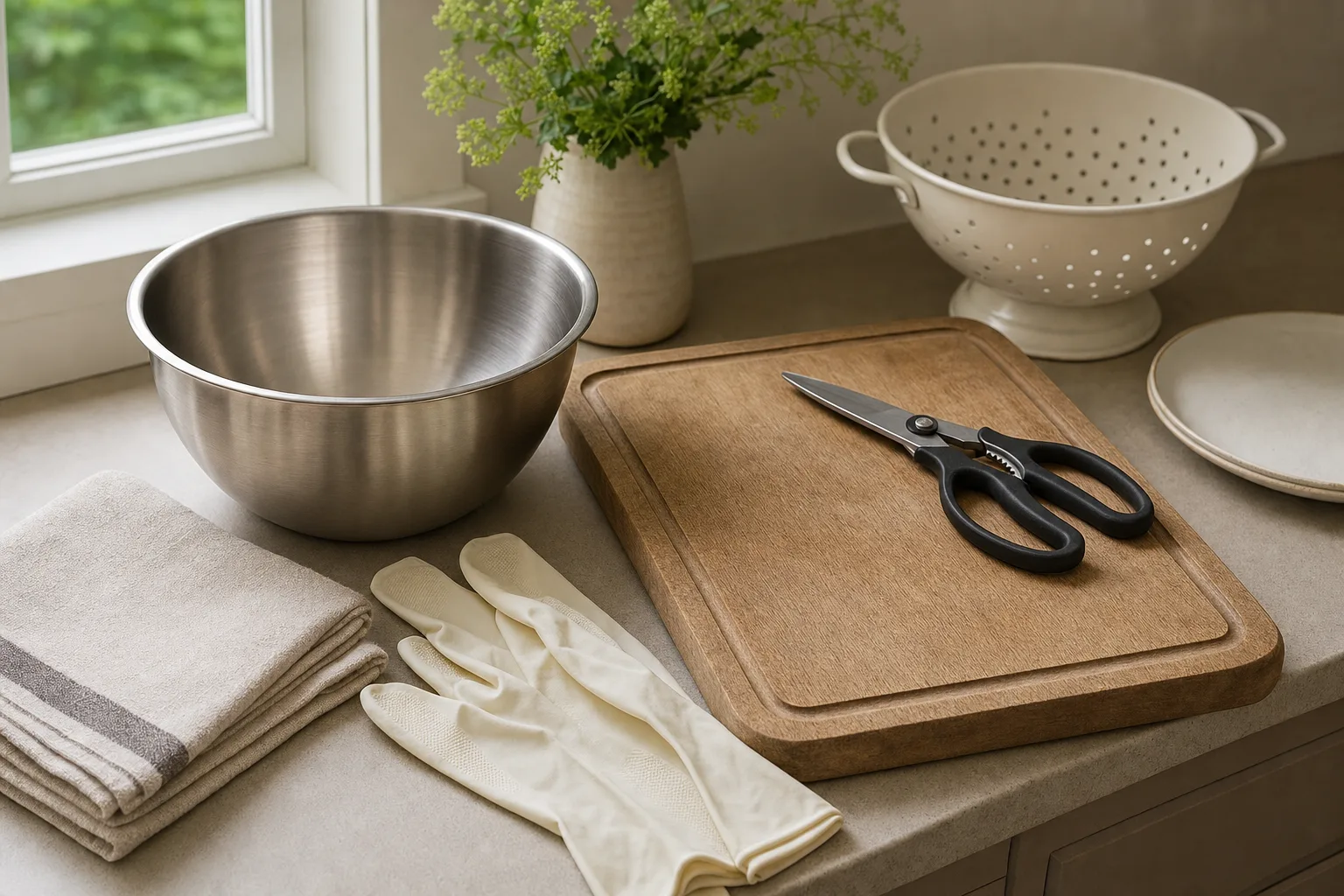 A clean kitchen counter tidily arranged with a stainless steel bowl, wooden cutting board, kitchen shears, a folded towel and dish gloves, ready for quail preparation, with no bird in view.