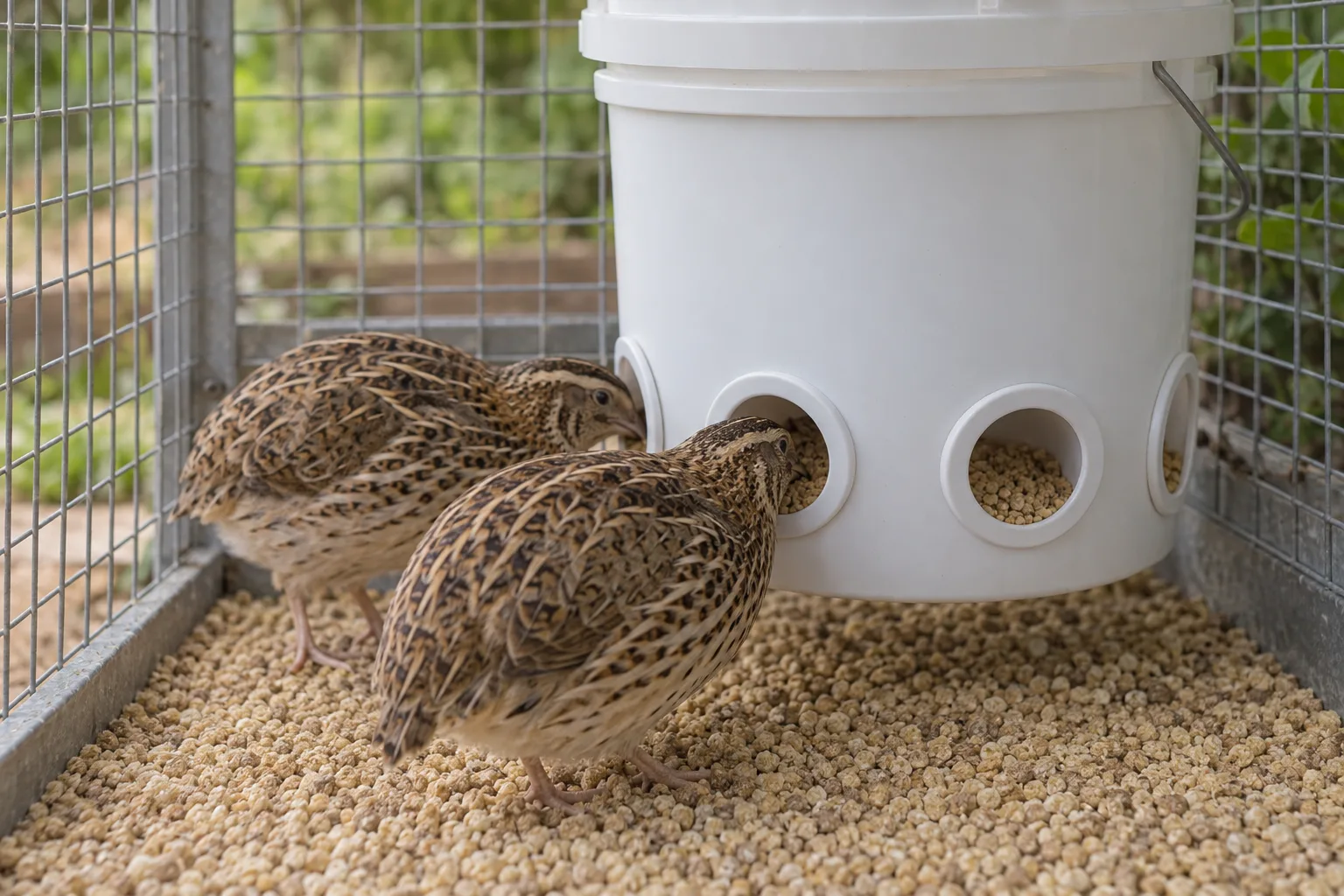 A plain white bucket feeder with round feeding ports mounted in a wire cage while adult brown-speckled quail peck calmly at the feed.