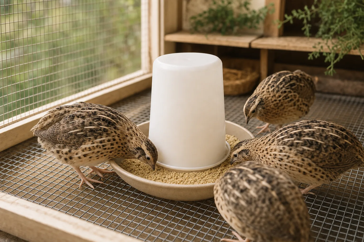 A plain unbranded gravity feeder set over a shallow catch tray on a wire cage floor, with a few speckled adult coturnix quail pecking at crumble.