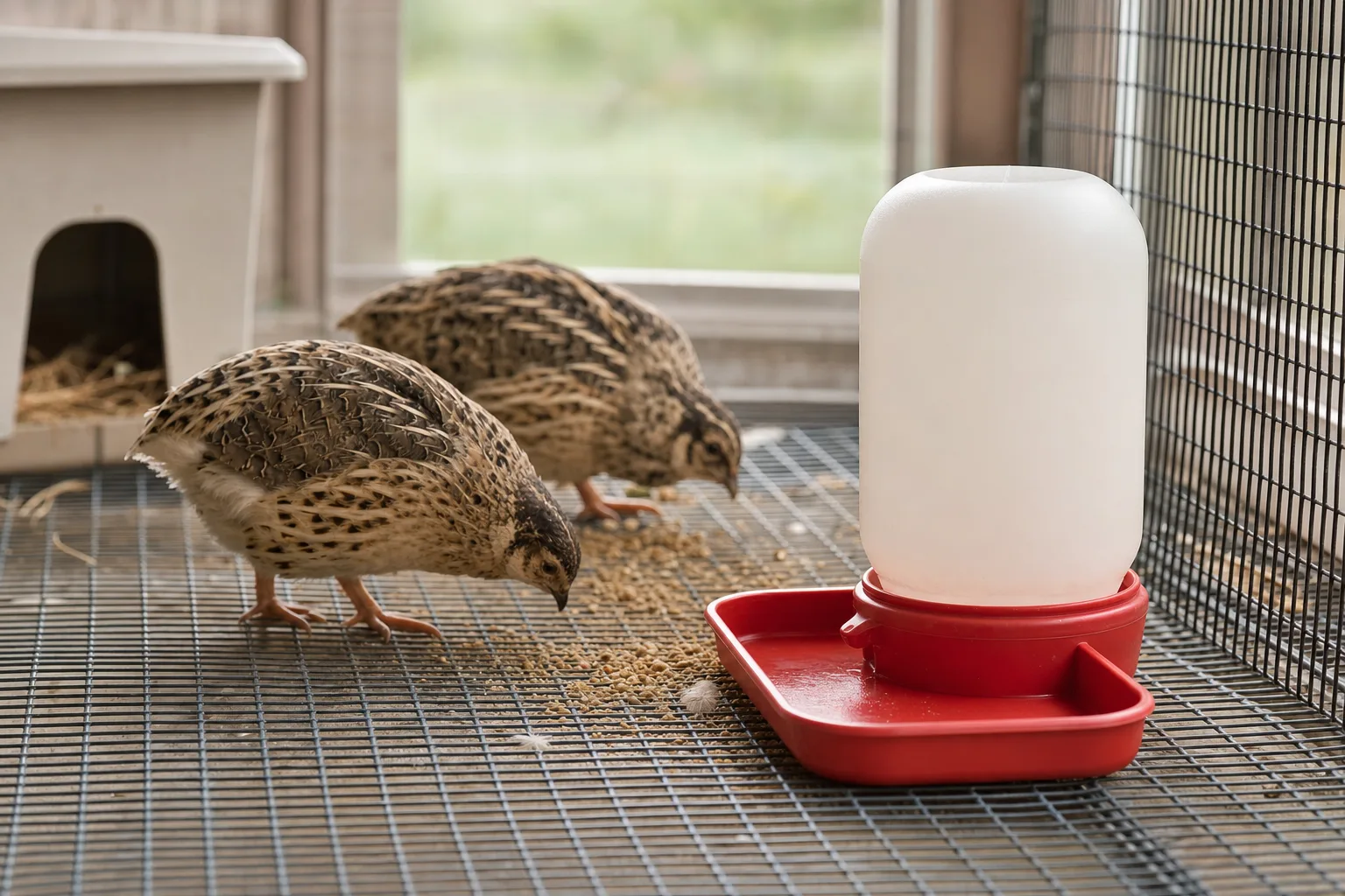 A plain gravity bottle waterer on a wire quail cage floor with a small tray beneath it catching drips