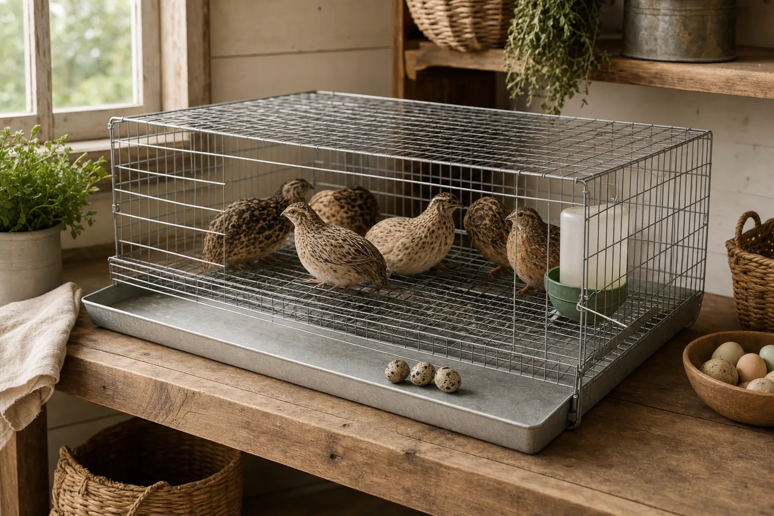 A plain galvanised wire quail cage on a wooden bench, with speckled quail eggs resting in a front collection tray near a gently sloping floor.