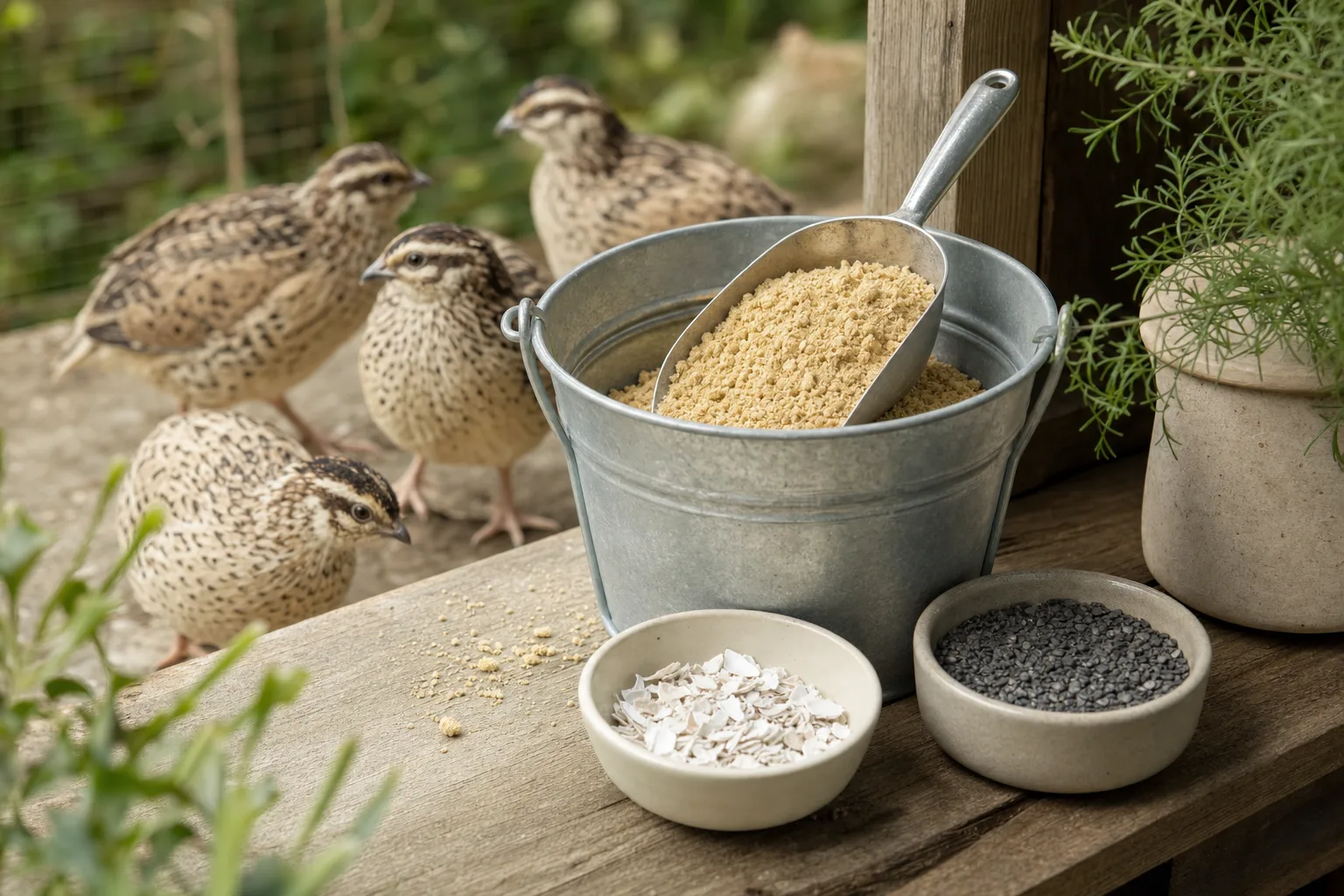A scoop of game bird crumble in an open metal bucket beside small dishes of oyster shell and grit on a rustic wooden shelf in soft natural light.