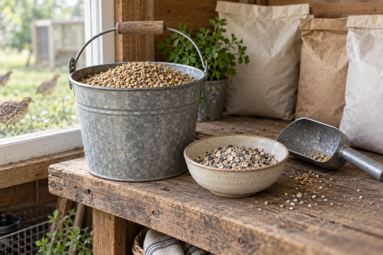 A scoop of plain game-bird crumble in a galvanised bucket with oyster shell and grit beside it on a rustic wooden shelf.
