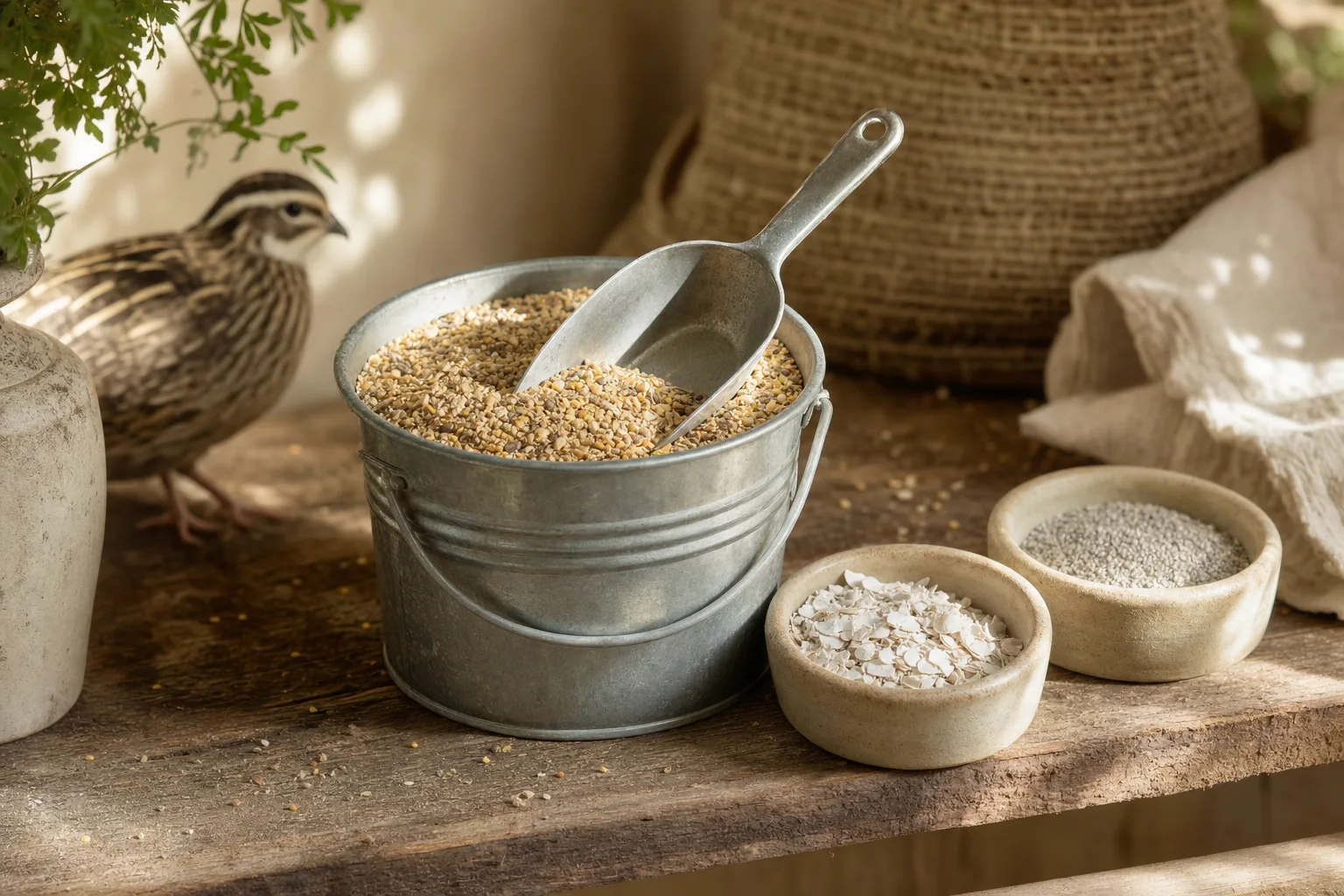 A scoop of golden game-bird crumble sits in a galvanised bucket beside dishes of oyster shell and grit on a rustic pantry shelf.