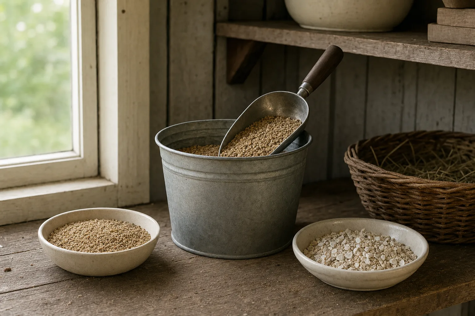 A scoop of game-bird crumble in a metal scoop over a galvanised bucket, with a small dish of grit on a rustic wooden shelf in soft morning light.