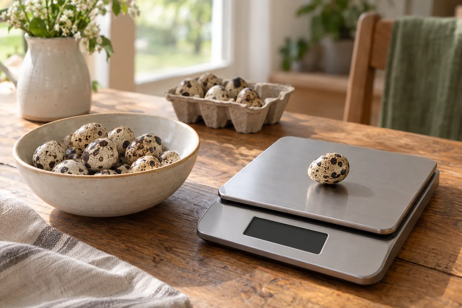 A speckled quail egg resting on the unmarked weighing platform of a plain digital kitchen scale on a warm wooden table beside a small bowl of quail eggs.