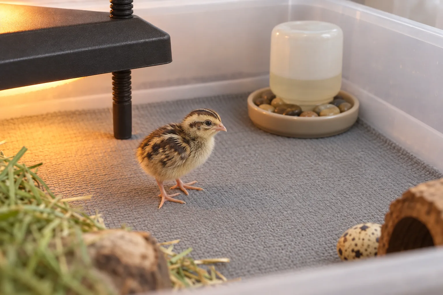 A newly hatched brown-striped quail chick standing on a flat, textured brooder mat laid across the bottom of a plain shallow tub, near a shallow chick waterer.
