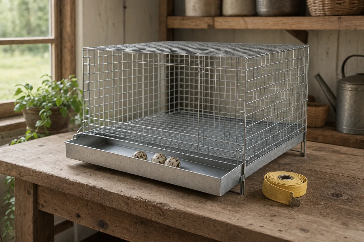 A clean galvanised wire quail cage on a shed workbench with a cloth tape measure beside it and speckled quail eggs resting in the front tray.