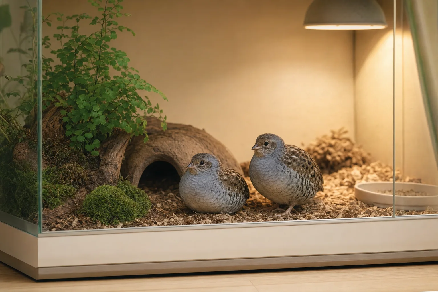 A pair of tiny button quail inside a low, broad indoor floor enclosure on soft substrate with a small planted corner.