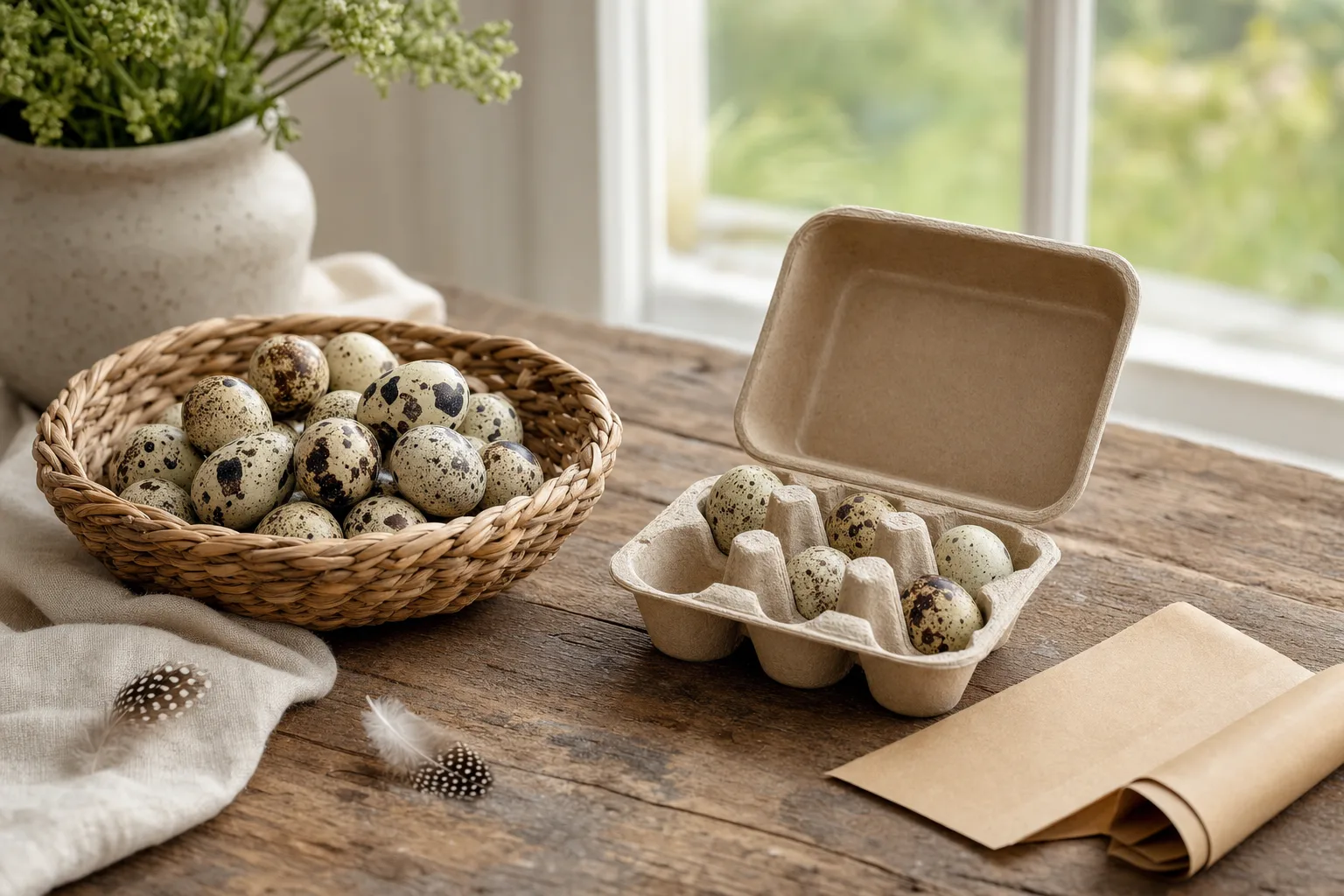 A woven basket of speckled quail eggs sits on a wooden table beside an open plain cardboard egg carton filled with speckled eggs, in soft morning light.