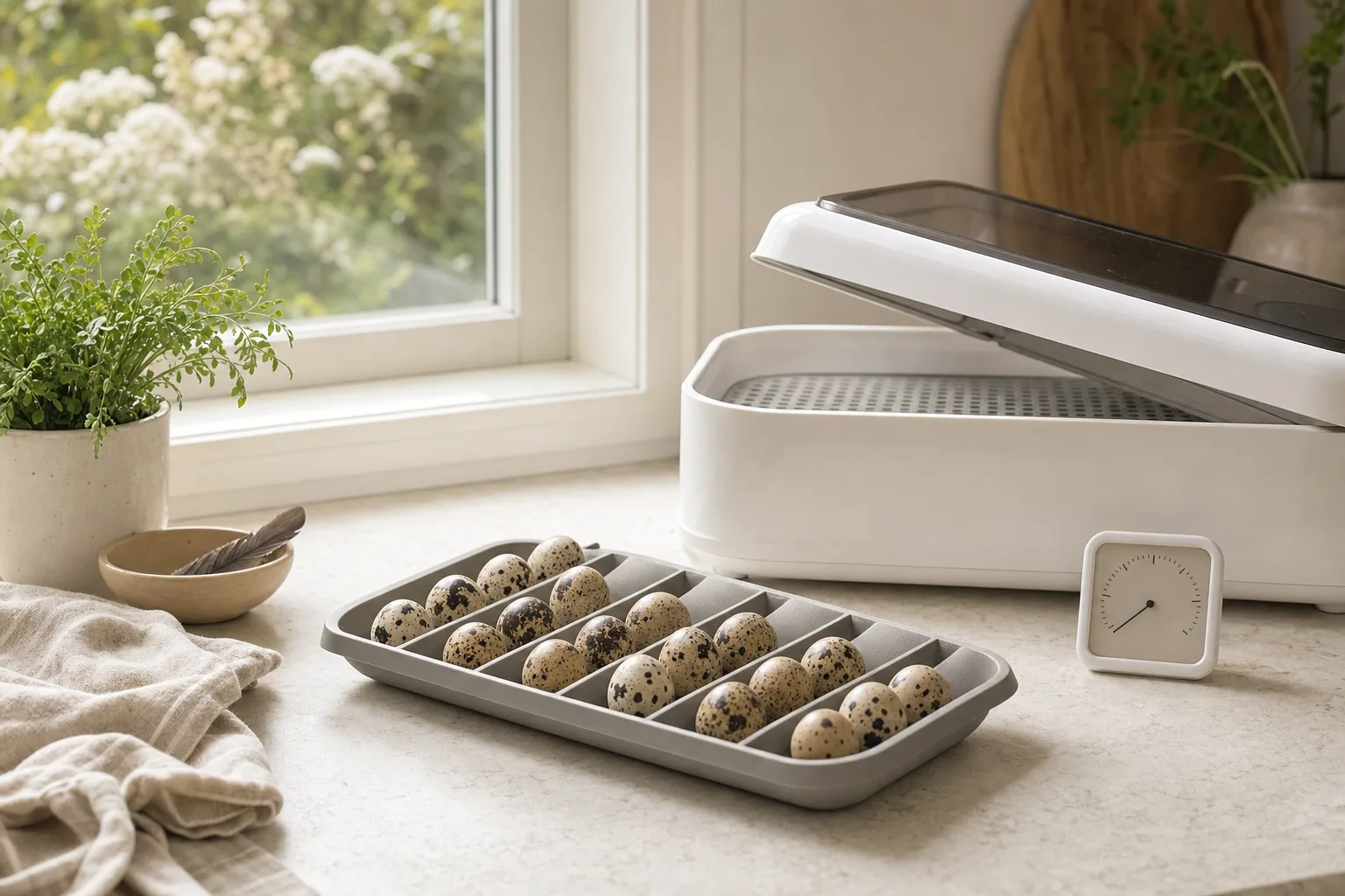 Speckled quail eggs nestled in a plain egg-turner tray beside an unbranded countertop incubator.