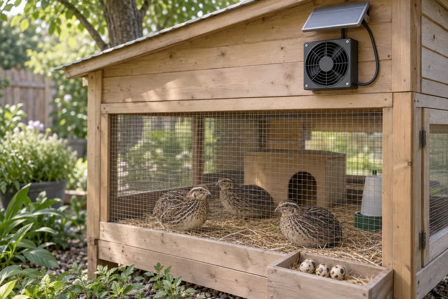 A backyard wooden quail coop with a generic solar exhaust fan mounted high near the roofline, screened openings, coturnix quail resting on a wire run, and a few speckled eggs in a front tray.