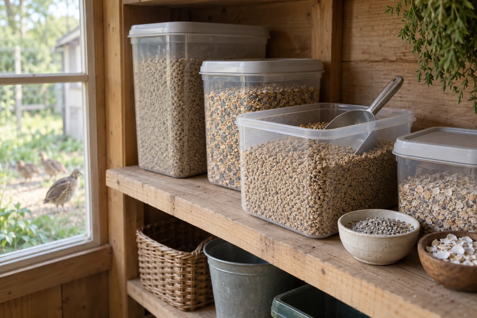 Sealed plastic feed-storage bins of different sizes on a wooden pantry shelf, with one open bin holding crumble and a scoop beside a small dish of grit.