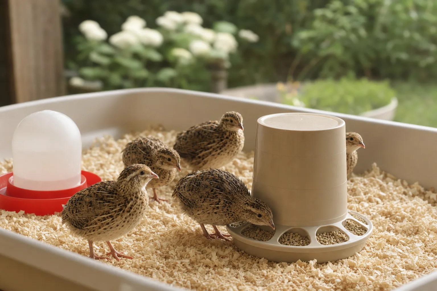 Baby coturnix quail chicks feeding from a plain low gravity feeder and a small chick drinker inside a pine-shaving brooder tray.