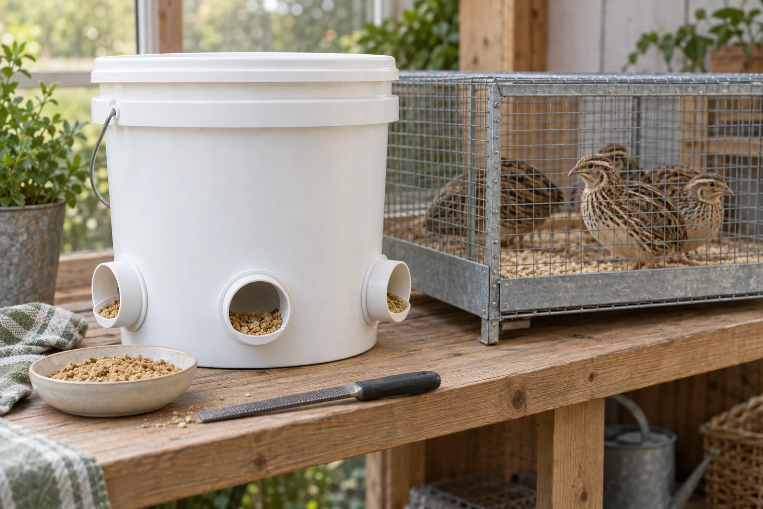 A plain white bucket with round feeder ports fitted into its side, set beside a wire cage on a wooden bench with a small dish of feed nearby.