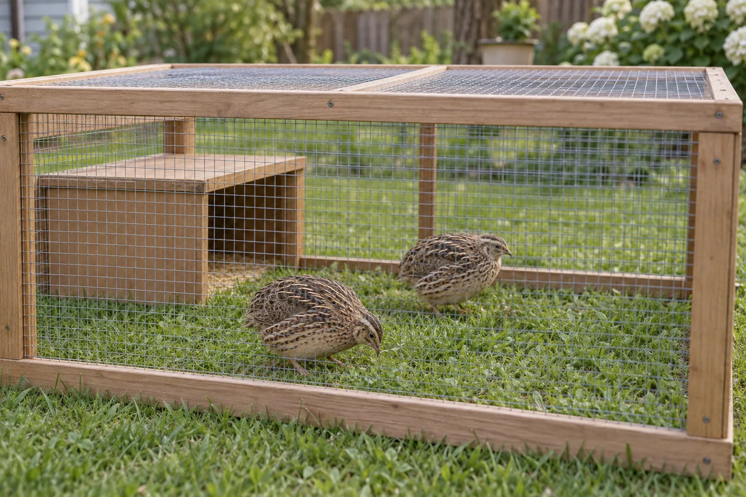 A covered wooden-framed ground run with wire mesh sides sits on a backyard lawn, with two speckled coturnix quail foraging on the grass inside and a small shaded shelter box in the corner.