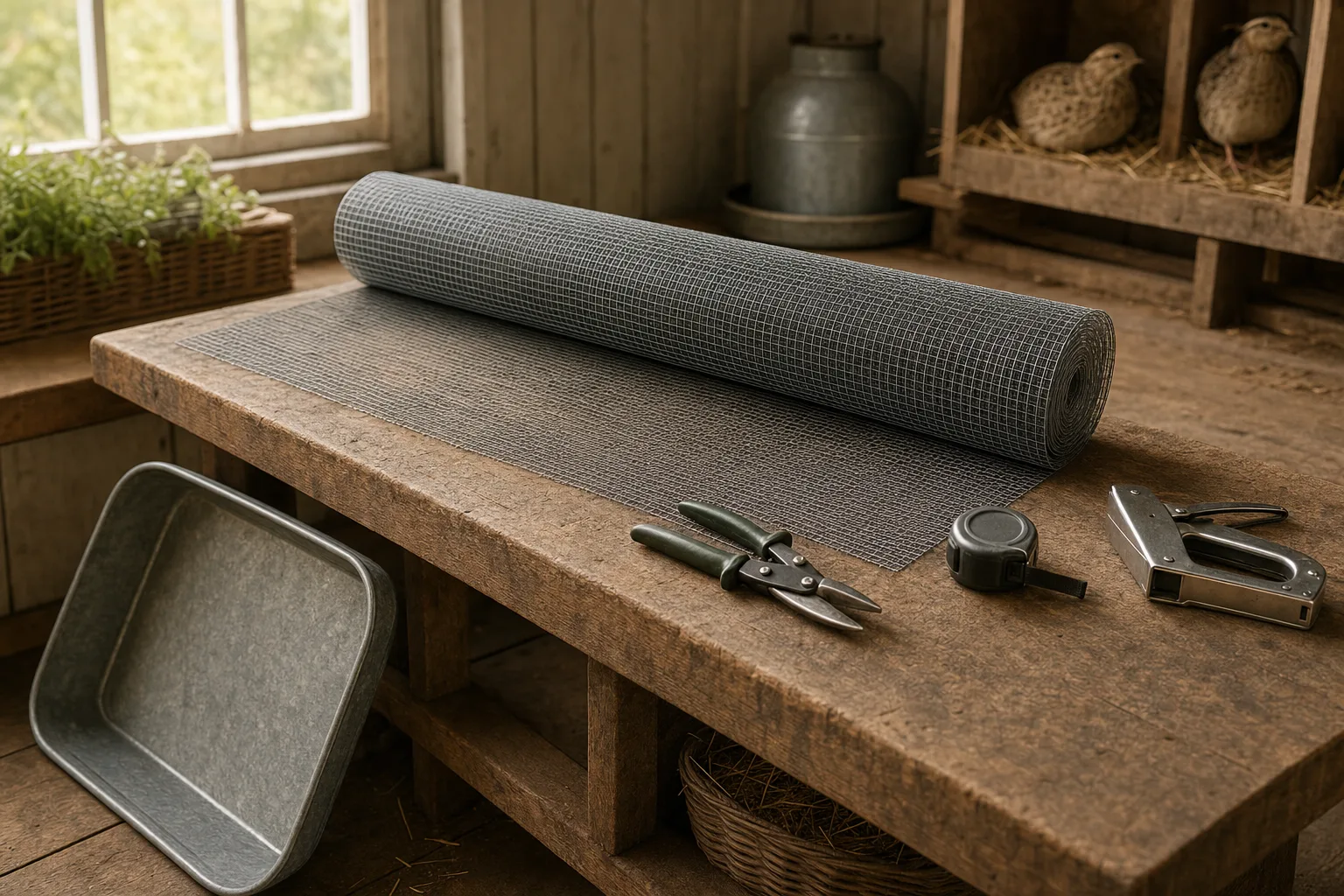 A roll of galvanised wire mesh laid on a wooden workbench with tin snips, a tape measure, a staple gun, and a metal tray nearby in a shed.