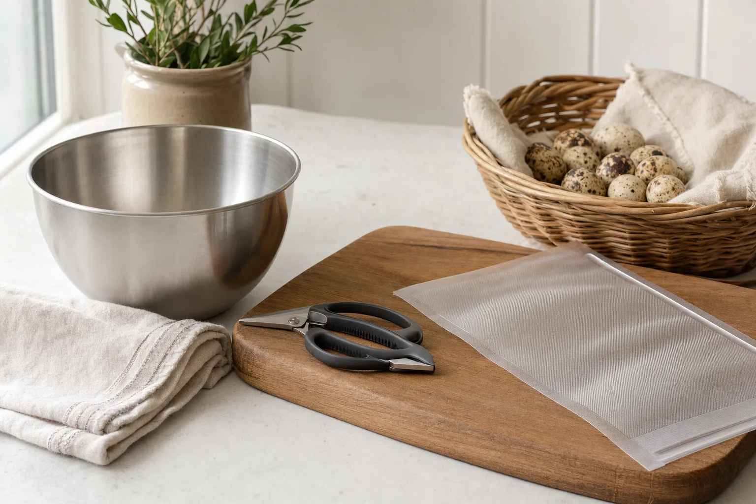 A tidy kitchen counter with a stainless bowl, cutting board, kitchen shears and a vacuum-seal bag arranged for a quail processing setup, no bird visible.