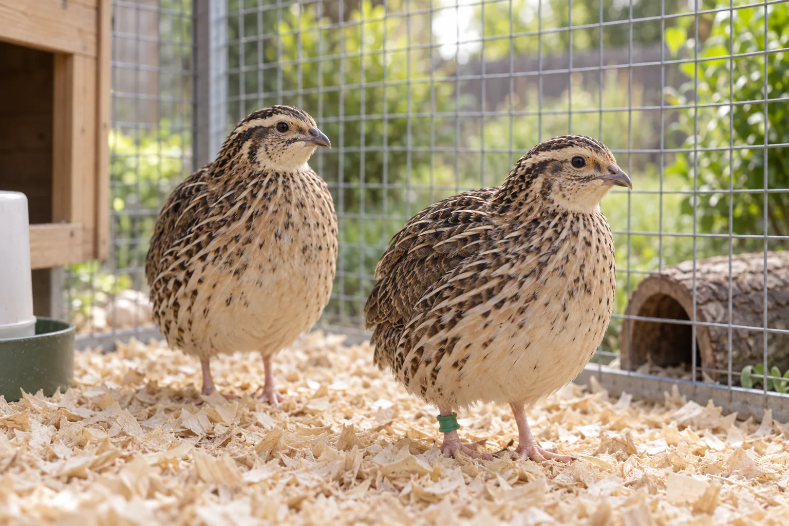 Two adult coturnix quail standing calmly on pine shavings in a wire run, one wearing a small plain colored leg band.
