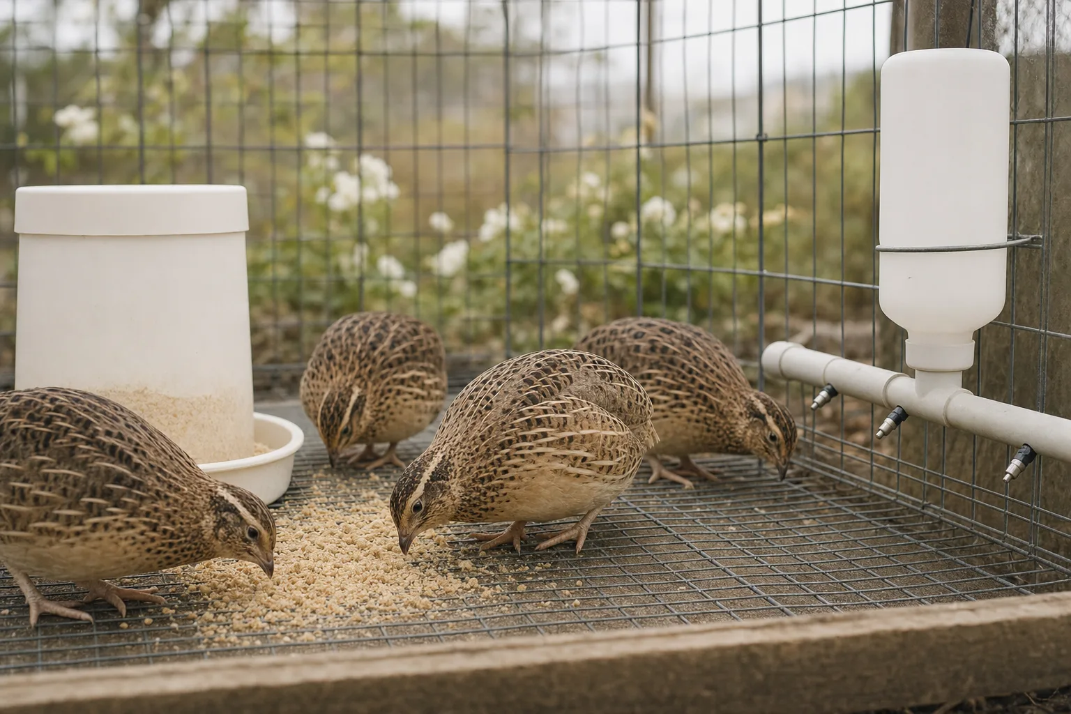 Adult coturnix quail pecking at crumble near a plain white gravity feeder and a simple unbranded mounted bottle waterer on a wire cage floor.