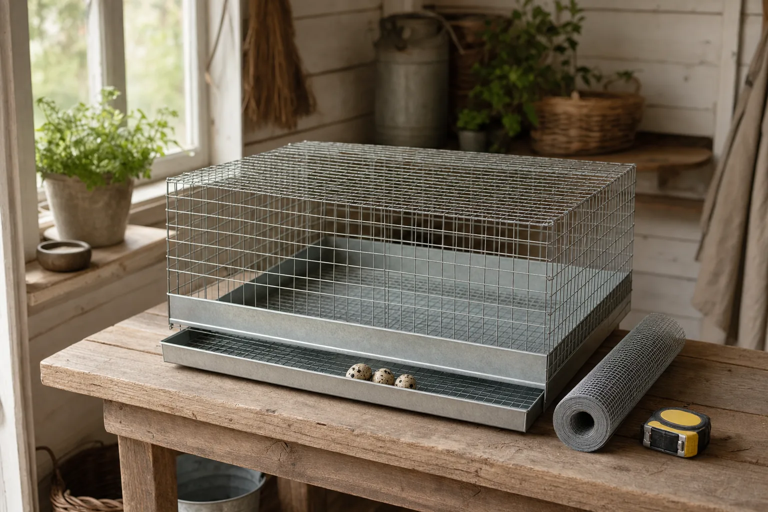 A plain galvanised wire quail cage with speckled eggs in a front tray, sitting on a wooden bench inside a tidy garden shed near a roll of wire mesh.